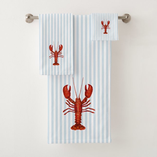 Lobster Painting Nautical Blue Stripe Coastal Bath Towel Set (Insitu)