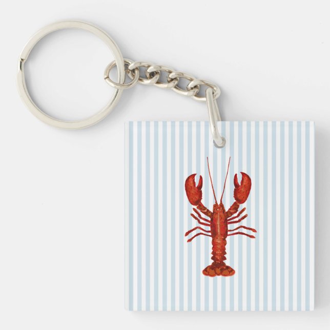 Lobster Painting Nautical Blue Stripe Coastal Keychain (Front)