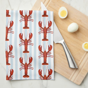 Lobster Painting Nautical Blue Stripe Coastal Kitchen Towel