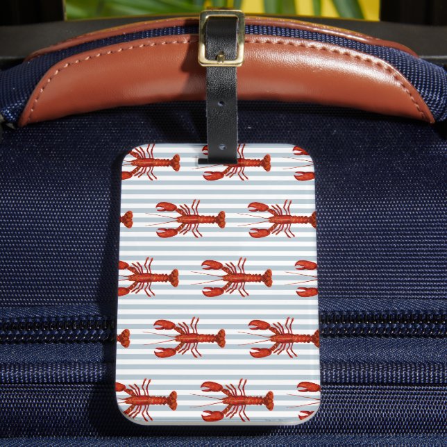 Lobster Painting Nautical Blue Stripe Coastal Luggage Tag (Front Insitu 2)