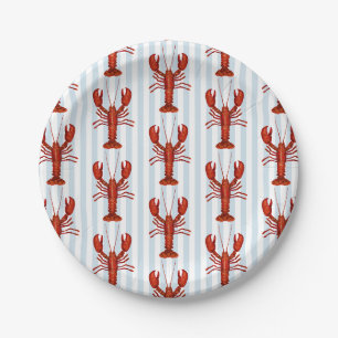 Lobster Painting Nautical Blue Stripe Coastal Paper Plate