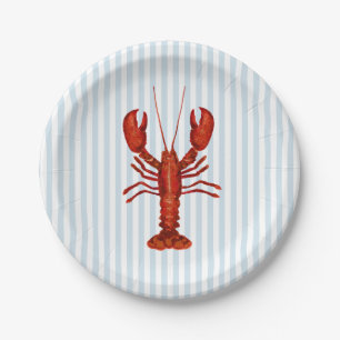 Lobster Painting Nautical Blue Stripe Coastal Paper Plate