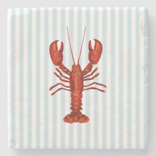 Lobster Painting Nautical Blue Stripe Coastal Stone Coaster