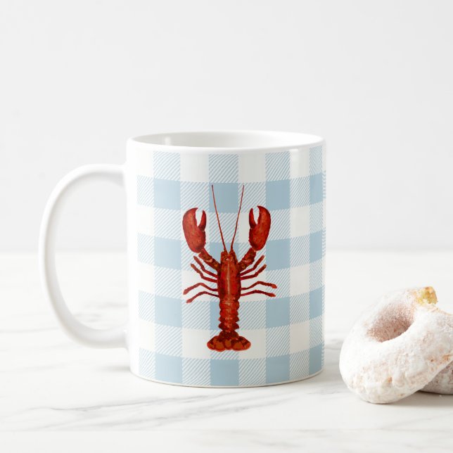 Lobster Painting Nautical Coastal Gingham Pattern Coffee Mug (With Donut)