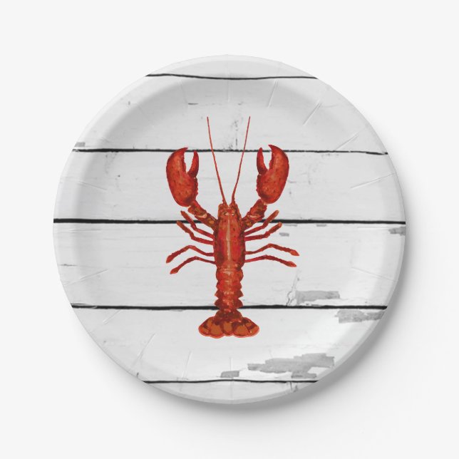 Lobster Painting Nautical Shiplap Coastal Paper Plate (Front)