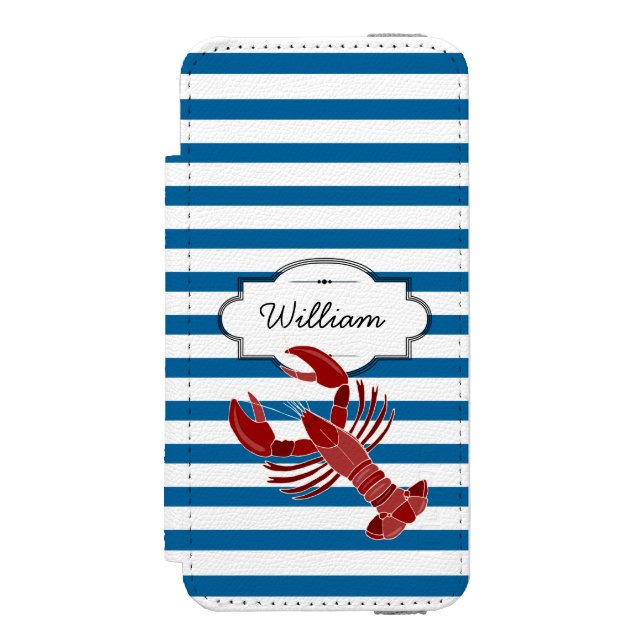 Lobster Personalized Blue and White Stripe Incipio iPhone Wallet Case (Folio Front)