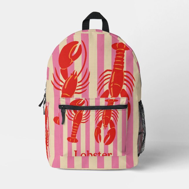 Lobster Pop Bold Crustaceans on Candy Stripes Printed Backpack (Front)