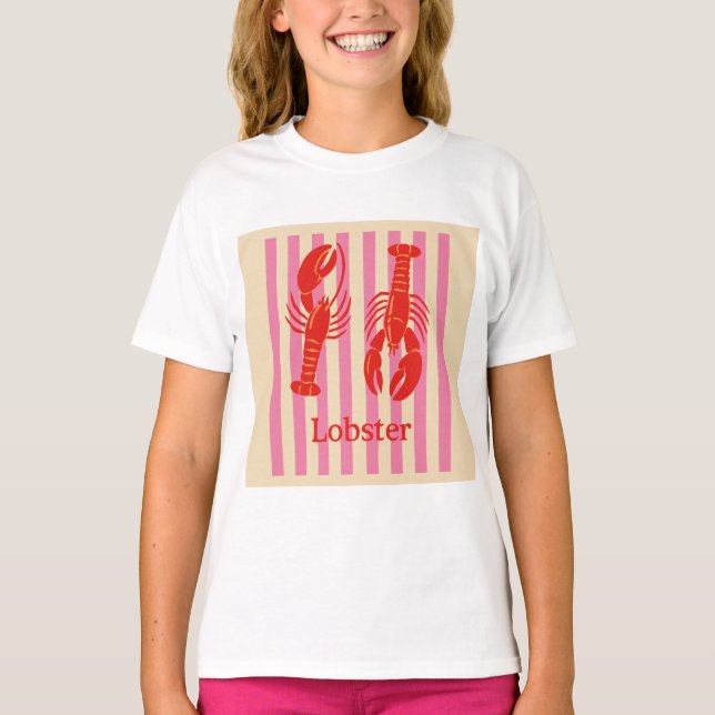 Lobster Pop Bold Crustaceans on Candy Stripes T-Shirt (Front)