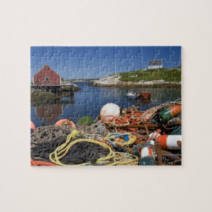 Lobster pots, buoys, and ropes on the dock at jigsaw puzzle