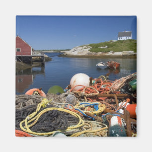 Lobster pots, buoys, and ropes on the dock at magnet