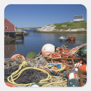 Lobster pots, buoys, and ropes on the dock at square sticker