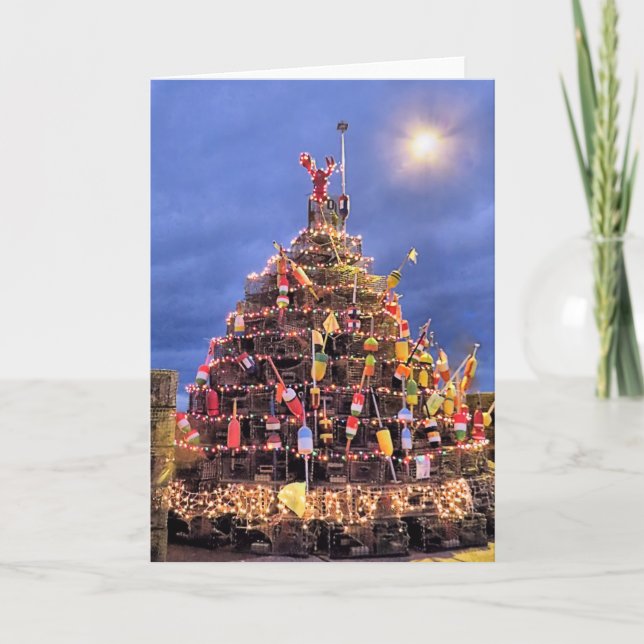 Lobster Pots Tree at Night Holiday Card (Front)