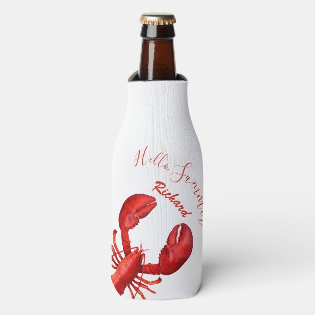 Lobster red white hello summer name seafood bottle cooler (Bottle Front)