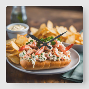 Lobster Roll and Potato Chips Square Wall Clock