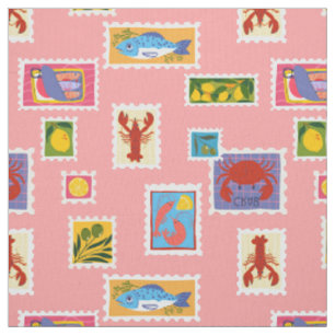 lobster sardine lemon seafood stamps collage fabric