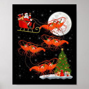 Lobster Shrimp Santa Sleigh Flying Funny Magical C Poster