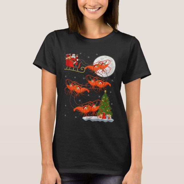 Lobster Shrimp Santa Sleigh Flying Funny Magical C T-Shirt (Front)