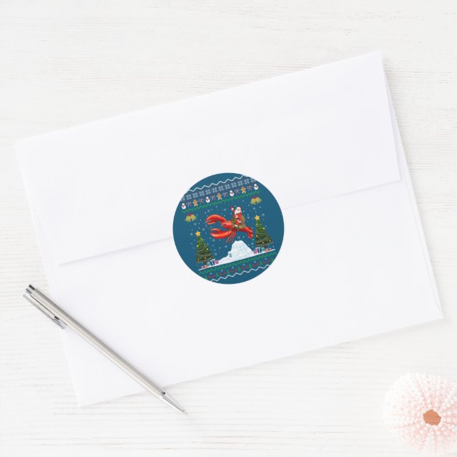Lobster Ugly Xmas Gift Santa Riding Lobster Christ Classic Round Sticker (Envelope)