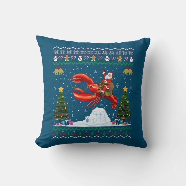 Lobster Ugly Xmas Gift Santa Riding Lobster Christ Throw Pillow (Front)