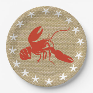 Lobster & White Starfish Nautical Beach "Burlap" Paper Plate