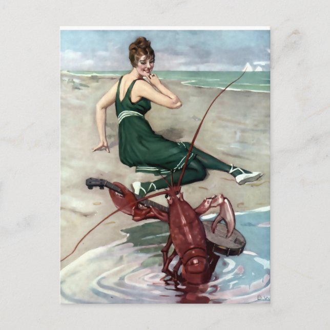 Lobster With Banjo Serenading Beach Girl Postcard (Front)