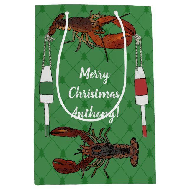Lobsters and Fishing Buoys on Green Christmas  Medium Gift Bag (Front)