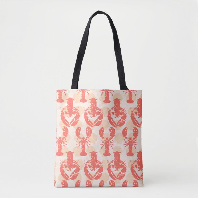 Lobsters and Seashells Coral Pink Nautical Pattern Tote Bag (Front)
