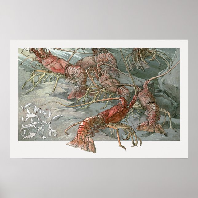 Lobsters in the Ocean, Vintage Art Nouveau Poster (Front)