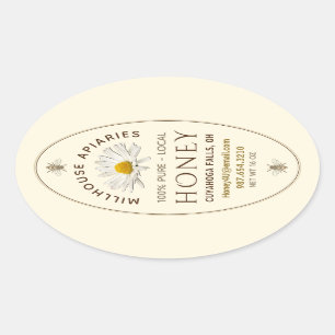 Local Hand Bottled Honey Daisy and Bees Ivory Oval Sticker
