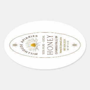Local Hand Bottled Honey Daisy and Bees White Oval Sticker