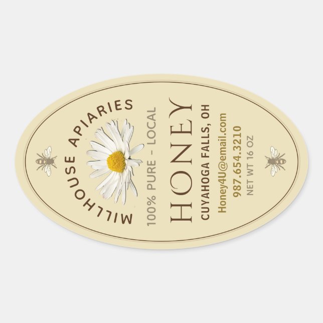 Local Hand Bottled Honey Daisy and Bees Yellow Oval Sticker (Front)