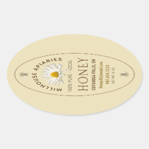 Local Hand Bottled Honey Daisy and Bees Yellow Oval Sticker