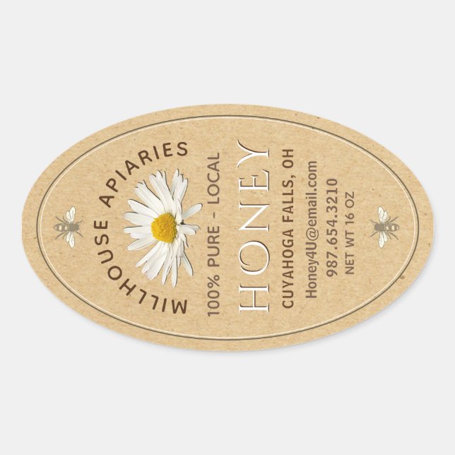 Local Hand Bottled Honey with Daisy and Bees Kraft Oval Sticker (Front)