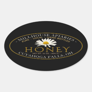 Local Hand Bottled Raw Honey with Daisy on Black Oval Sticker