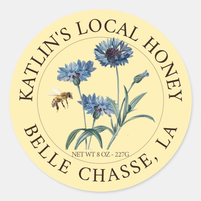 Local Honey Label Blue Aster Flower and Honeybee  (Front)