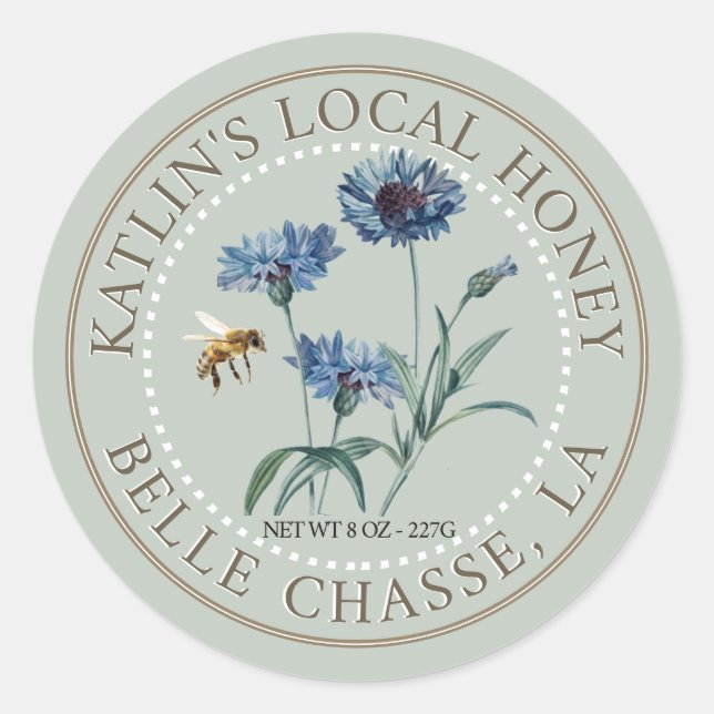 Local Honey Label with Blue Aster and Honeybee (Front)