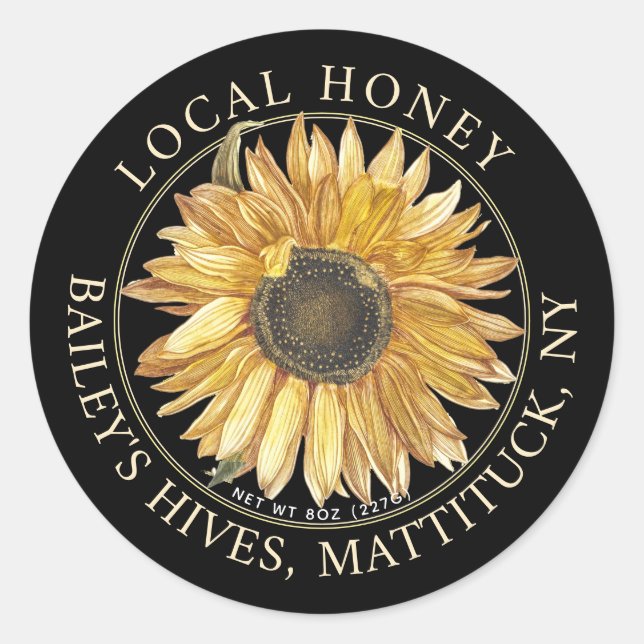 Local Honey Label with Vintage Sunflower on Black  (Front)
