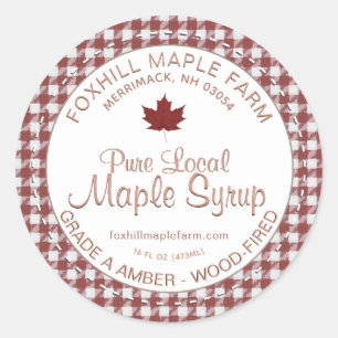 Local Maple Syrup Gingham Red Leaf Farm Rustic     Classic Round Sticker
