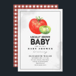 Locally Grown Baby Shower Gingham Watercolor  Invi Invitation<br><div class="desc">Rustic farmer's market inspired gender neutral baby shower theme featuring a red and green tomato over white background with black text.  Opposite side is red and white gingham.</div>