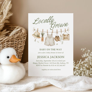 Locally Grown Farmer Market Baby Boy Green Gingham Invitation