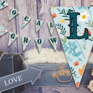 Locally Grown Floral Pattern Blue Baby Shower Bunting Flags