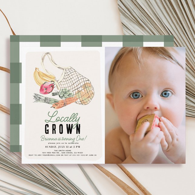 Locally Grown French Market Bag Photo 1st Birthday Invitation (Creator Uploaded)