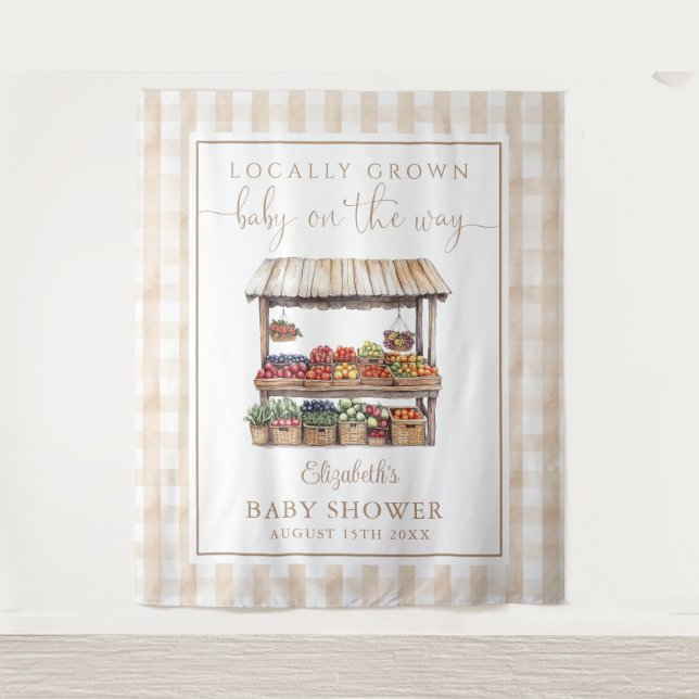 Locally Grown Gender Neutral Baby Shower Backdrop Tapestry (Front)