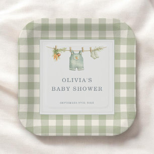 Locally Grown Gingham Sage Green Baby Shower Paper Plate
