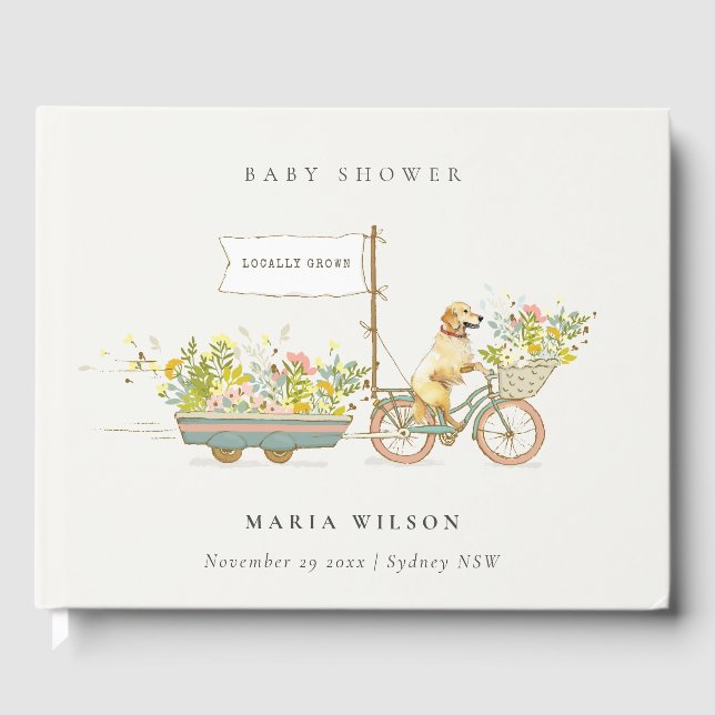 Locally Grown Golden Retriever Floral Baby Shower Guest Book (Front)