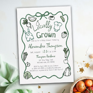 Locally Grown Hand Drawn Bow Clothes Baby Shower Invitation