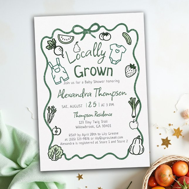 Locally Grown Hand Drawn Bow Clothes Baby Shower Invitation (locally grown baby shower invitation hand drawn bow frame produce farm fresh green clothes)