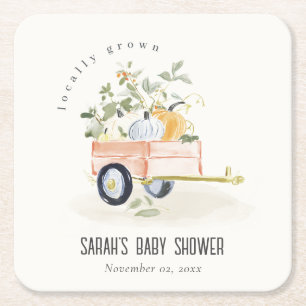 Locally Grown Pumpkin Cart Watercolor Baby Shower Square Paper Coaster