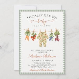 Locally Grown Sage Green Gingham Baby Shower Invitation