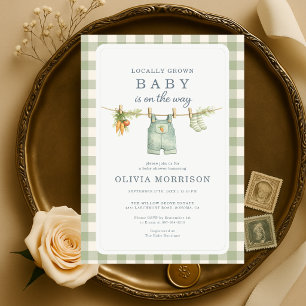 Locally Grown Sage Green Gingham Baby Shower Invitation